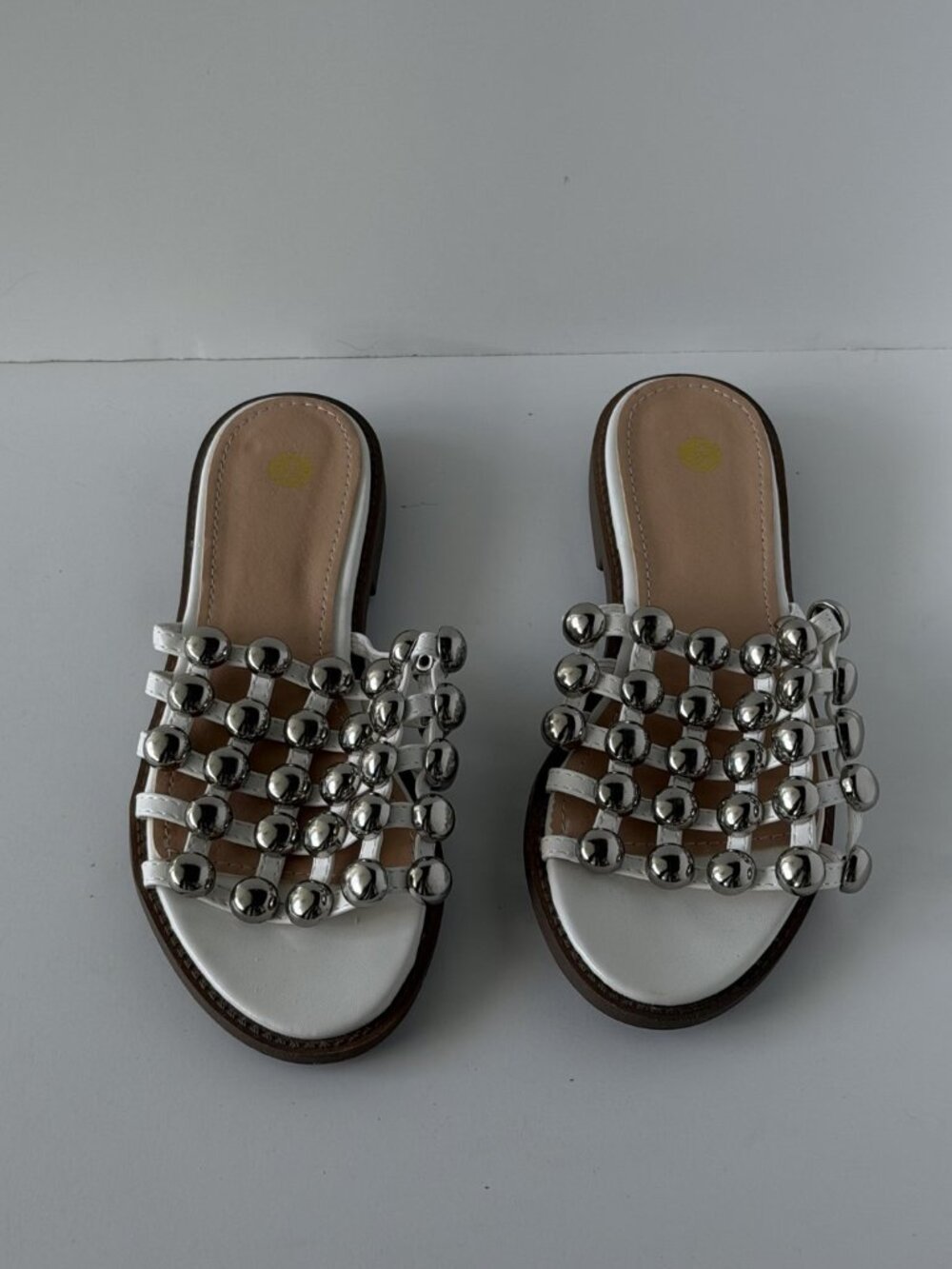 White Silver Studded Caged Flat Slide Sandals